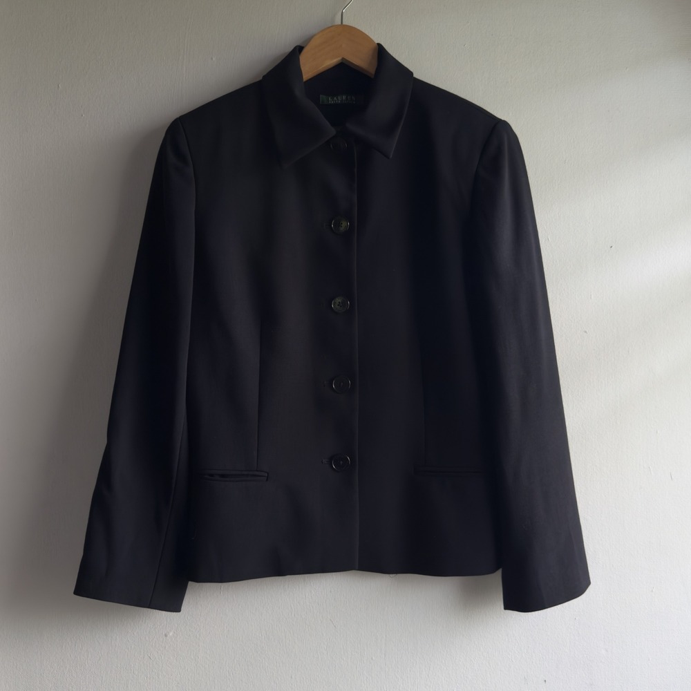 Lauren Ralph Lauren Wool Button Down Blazer Women 8 Black Minimalist Office
